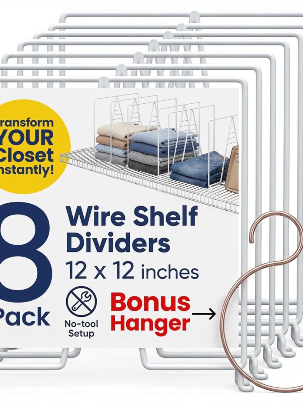 White Wire Shelf Dividers for Closet Organization – 12-Pack - Sturdy and Easy Se